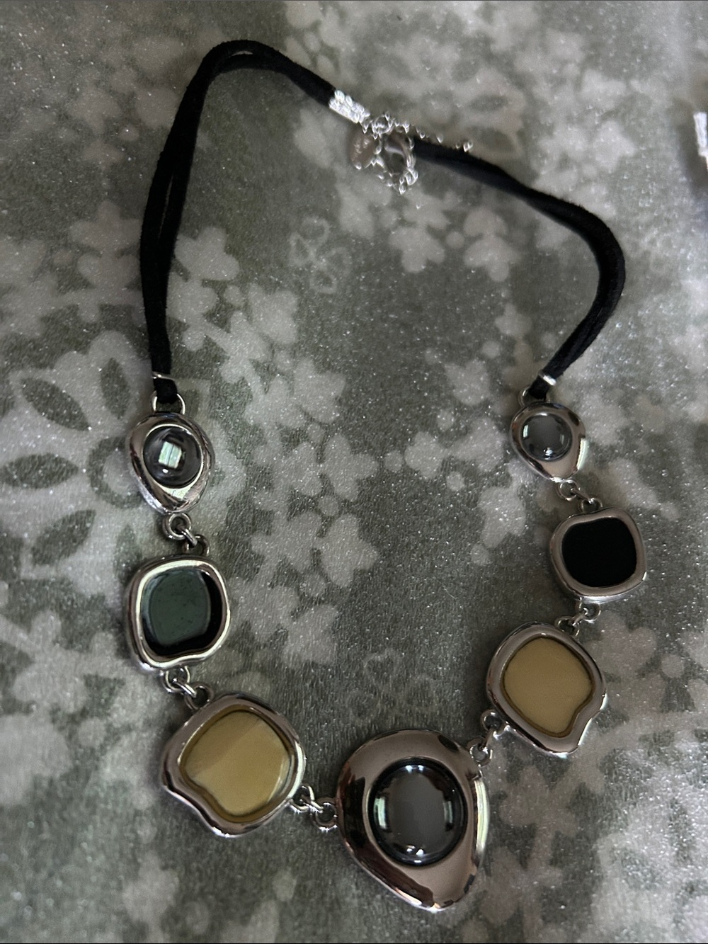 Lia Sophia Black, Beige and Gray Resin and glass Statement Necklace